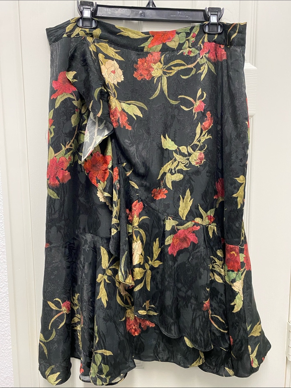 ANTONIO MELANI Black Floral Circle Skirt with Red & Green Print